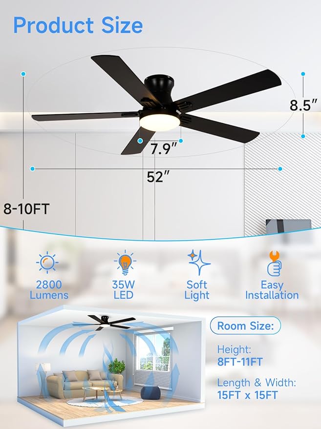 52 Inch Ceiling Fans with Lights, RGB Ceiling Fan with Remote and App,Flush Mount Low Profile, Dimmable 35W LED, Reversible, Smart Ceiling Fan for Bedroom Nursery Living Room Apartment,Black