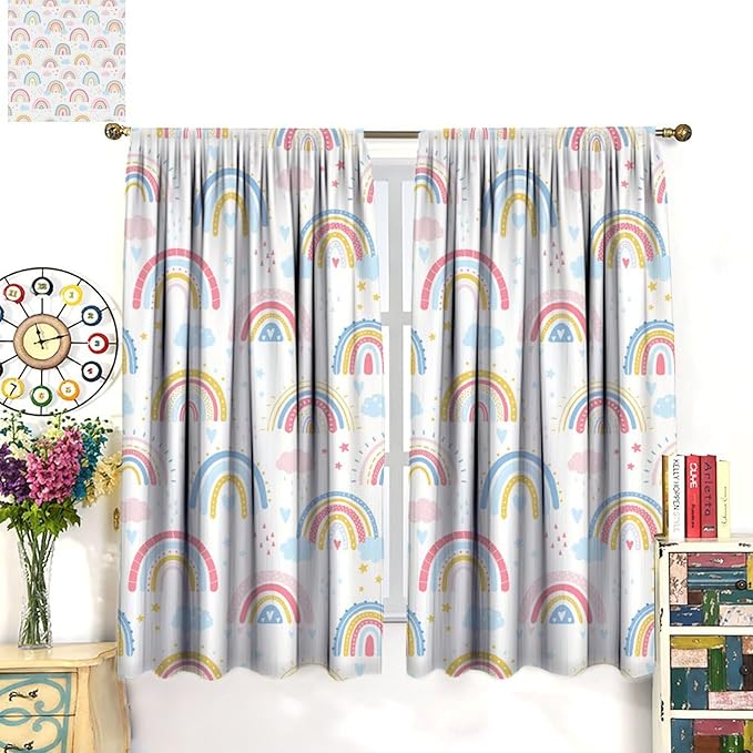 Kids Rainbow Curtains Boho Cartoon Colorful Stars Love Heart Lovely Abstract Art Pattern Print Window Drapes for Girl Bedroom Living Room Kitchen Decor,2 Panel Set,55Wx63H Inch Blackout