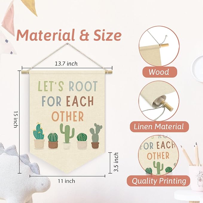 Cactus Plant Classroom Decor, Let's Root for Each Other Linen Canvas Banner, Motivational Plants Wall Hanging Pennant Flag Banner for Classroom Playroom Homeschool Decor, 15x11in