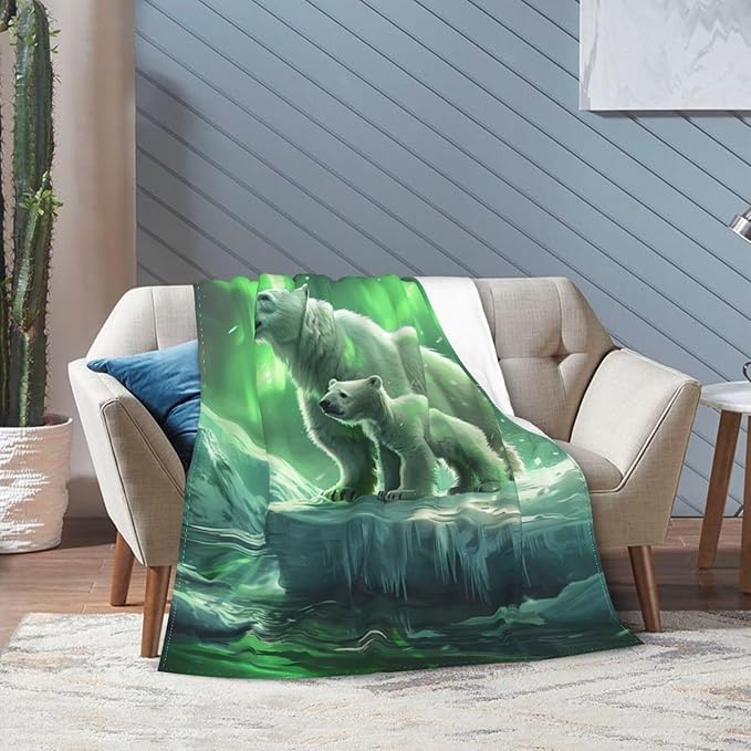 Polar Bear Blanket Aurora Animal Throw Blanket Flannel Stuff Merch Cozy Decor Fleece Plush Fuzzy Warm Soft Lightweight Bedding Gifts for Polar Bear Lover Women Men Girls Boy Couch 60"X50"