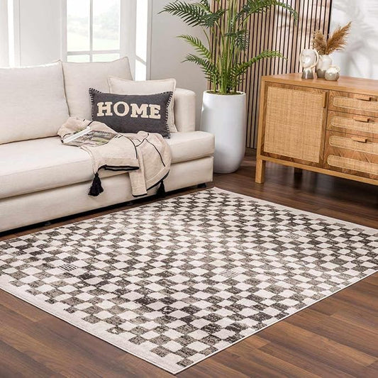 Hauteloom Benjy Living Room, Checkered Bedroom Area Rug - Farmhouse - Cream, Charcoal - 5'3" x 7'