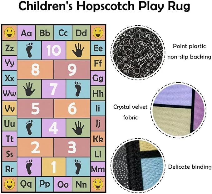 Kid Hopscotch Play Rug, ABC Alphabet Number Educational Carpet, Playroom Classroom Mat Non-Slip Washable (Pink 55x79 in)