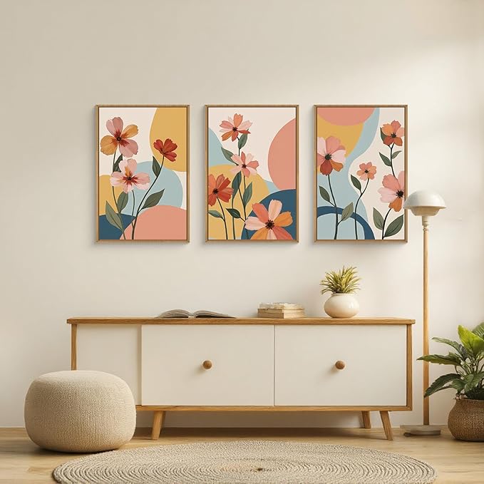 FWIEXA Boho Floral Canvas Wall Art,Pink Flower Pictures Wall Decor,Modern Orange Flowers Wall Art,Abstract Plant Botanical Art Print,Wildflower Bohemian Artwork for Bedroom Rustic Farmhouse 16x24''x3
