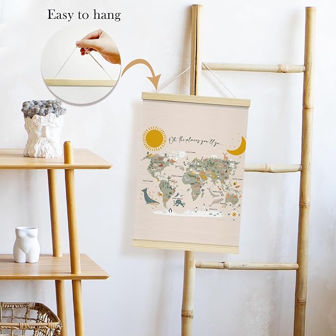 TRKAE World Map Animals Canvas Poster Hanger Frame, Educational Wall Art for Kids, Learning Wall Decor for Classroom Nursery Playroom Bedroom -031