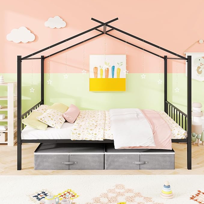 Giantex Full Size House Bed with 2 Storage Drawers, Metal Montessori Bed Frame with Headboard & Footboard, Full House Beds for Kids Girls Boys, No Box Spring Needed, Noise Free (Black)