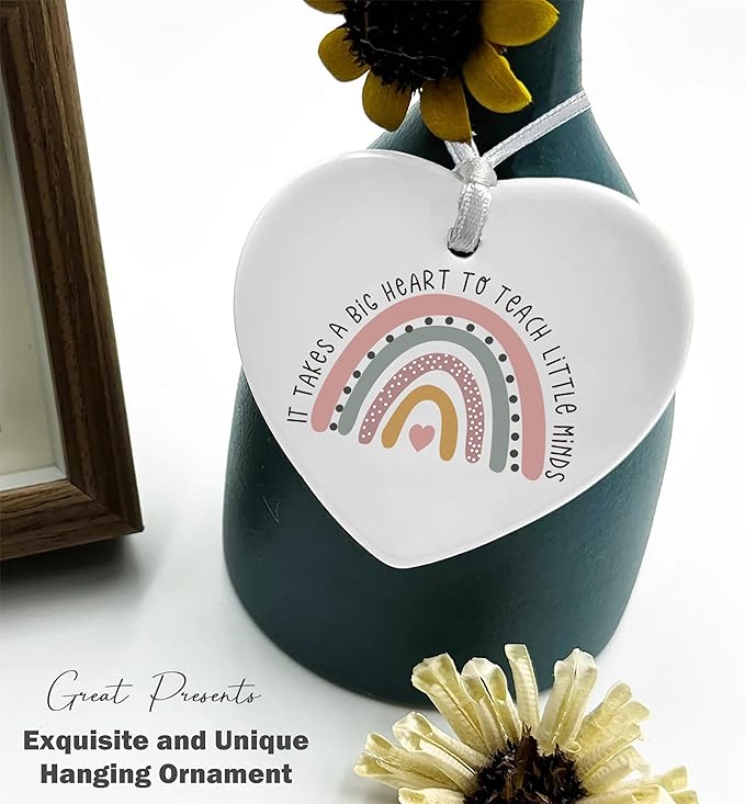 Heart Shaped Christmas Ornament-Rainbow Teacher Appreciation Week Gift-Thank You Birthday Thanksgiving Present for Educator Instructor Mentor It Takes A Big Heart to Teach Ceramic Keepsake