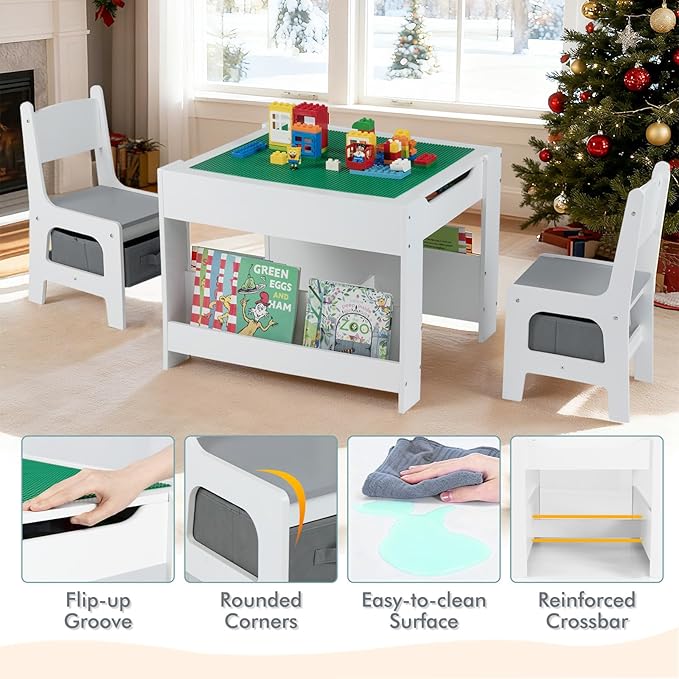 Costzon 4 in 1 Kids Table and Chairs, Wooden Toddler Activity Desk Set w/Reversible Graffiti & Building Blocks Tabletop, Storage Drawers and Bookshelves for Drawing, Reading, Crafts (Gray)