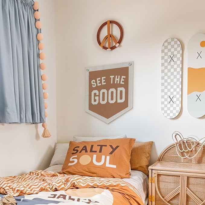 See The Good Banner – Boho Vintage Linen Pennant, Inspirational Wall Hanging Flag for Accent Decor, 12.4x14 in