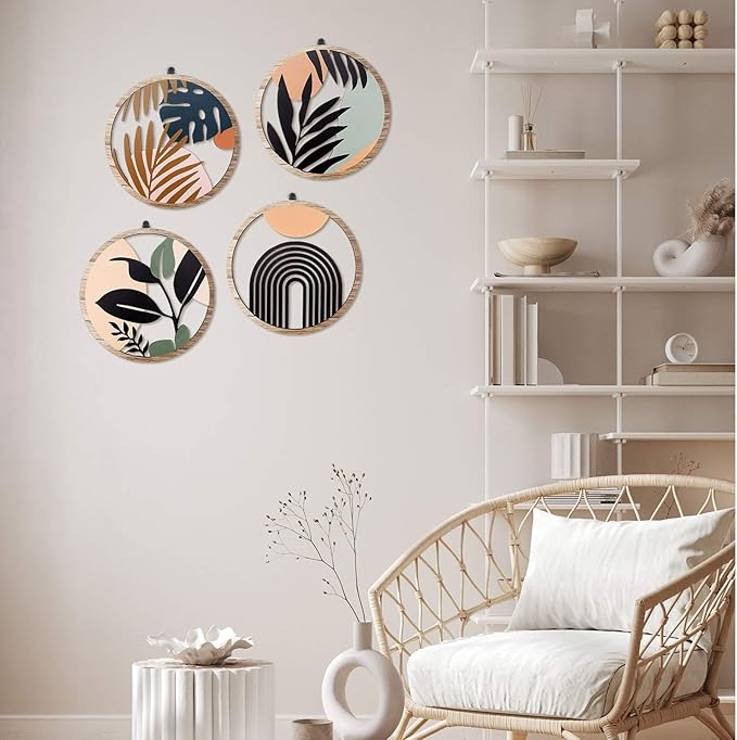 Qunclay 4 Pieces Boho Wall Art Wooden Round Wall Decor Hollow-out Hanging Art Nursery Decor Farmhouse Geometric Hanging 10 Inch Aesthetic Wood Minimalist for Apartment Bedroom Bathroom Gift(Elegant)