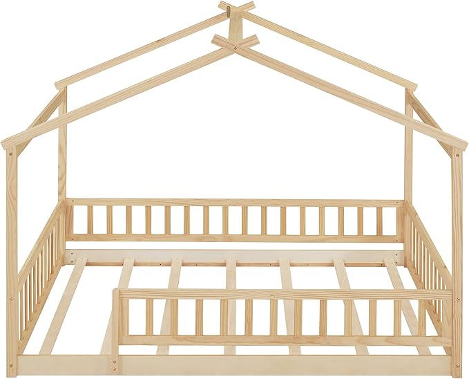 Merax Full Size Wooden House Bed with Fence, Wood Bed Frame with Roof and Safety Guardrail for Kids, Teens, Boys or Girls, Natural