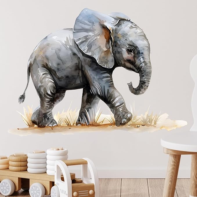 Cute Walking Little Elephant Wall Decal Nursery Animal Wall Sticker Removable Peel and Stick Wall Art Decor for Kid Baby Classroom Preschool Living Room Playroom Bedroom School