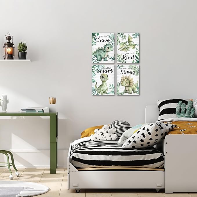 Artmyharbor Woodland Nursery Decor Sage Green Wall Art for Bedroom 4 Piece Wall Art Dinosaur Print