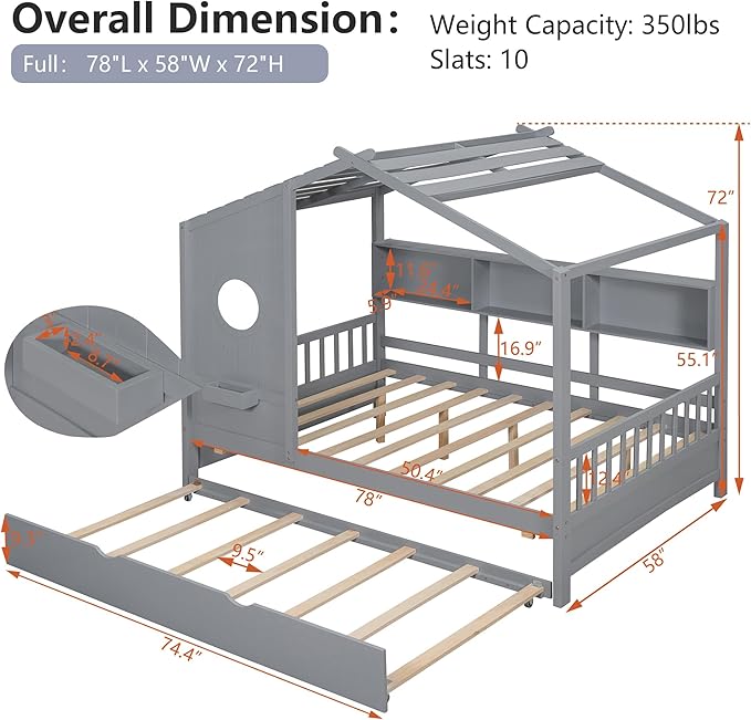 Full Size Bed Frames for Kids, House Bed with Trundle and Shelves, Wood Playhouse Platform Bed Frame with Window and Fence for Boys Girls, Gray, 74.4" L x 58" W x 72" H
