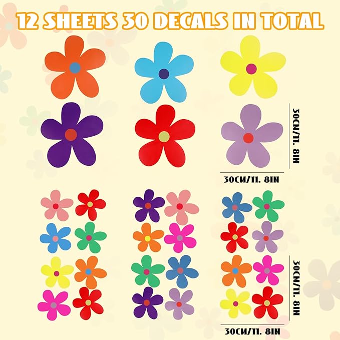 12 Sheets Daisy Wall Decals, Bright Colors Floral Wall Decor, Cute Flowers Wall Stickers, Vinyl Peel and Stick Flowers Stickers for Kids Girls Nursery Bedroom Living Room