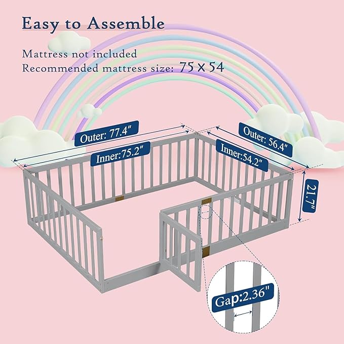 Tatub Full Montessori Floor Bed with High Rails, Solid Wood Montessori Bed Frame for Kids, Door Can Install Left and Right, Full-Grey