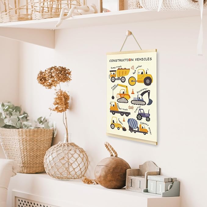CGBHW Construction Vehicles Nursery Poster Hanger Frame, Kids Educational Learning Trucks Name Posters Wall Art Hanging Decor for Toddler Boy Baby Room Playroom Classroom，12x16Inch