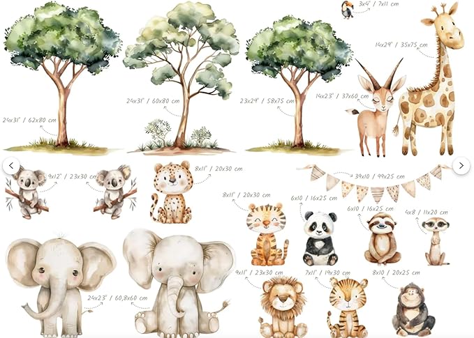 Safari Jungle Wall Stickers – Safari Animals Wall Decals for Nursery – Kids Room Wall Art – Removable Vinyl Stickers for Baby Room Decor – Giraffe Elephant Lion Wall Mural (Set2)