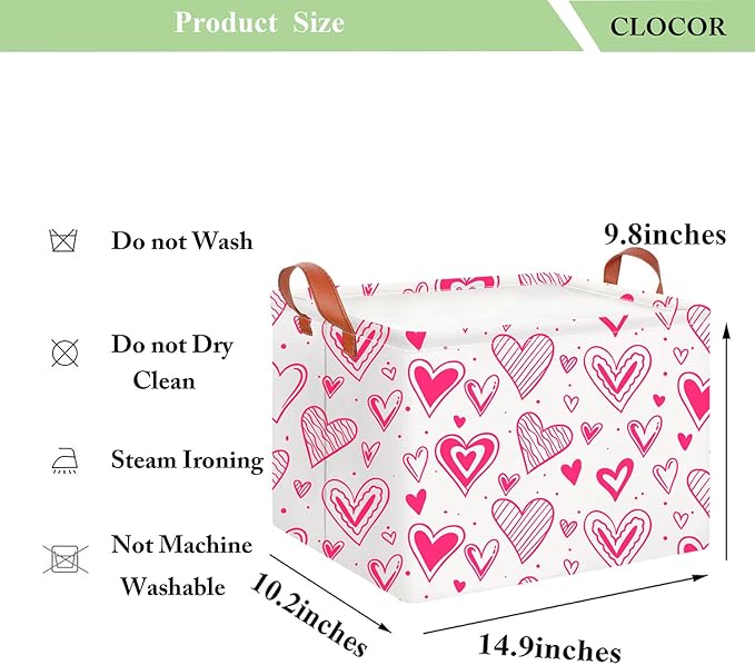 CLOCOR Rectangular Heart Printed Valentine's Day Basket Empty, Gift Basket, Waterproof Storage Basket with Handles, Room Decor(Bright Heart)