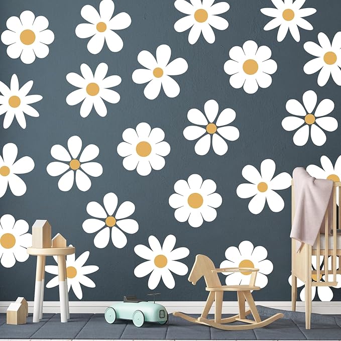 TaoBary 12 Sheets Daisy Wall Decal Flower Wall Sticker Cute Daisy Sticker Pink White Flower Decal Peel and Stick Floral Wallpaper for Nursery Bedroom Home Decor(White, Yellow,Novelty Style)