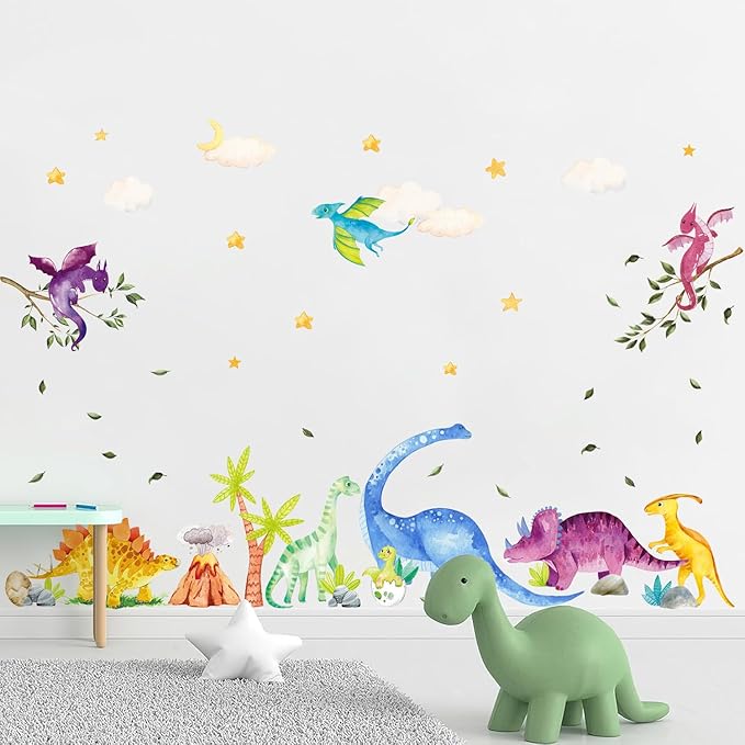 Watercolor Dinosaur Wall Decals, Cartoon Cute Dino Volcanic Wall Stickers, Peel and Stick Star Cloud Wallpaper for Baby Nursery Boys Bedroom Playroom Wall Decor