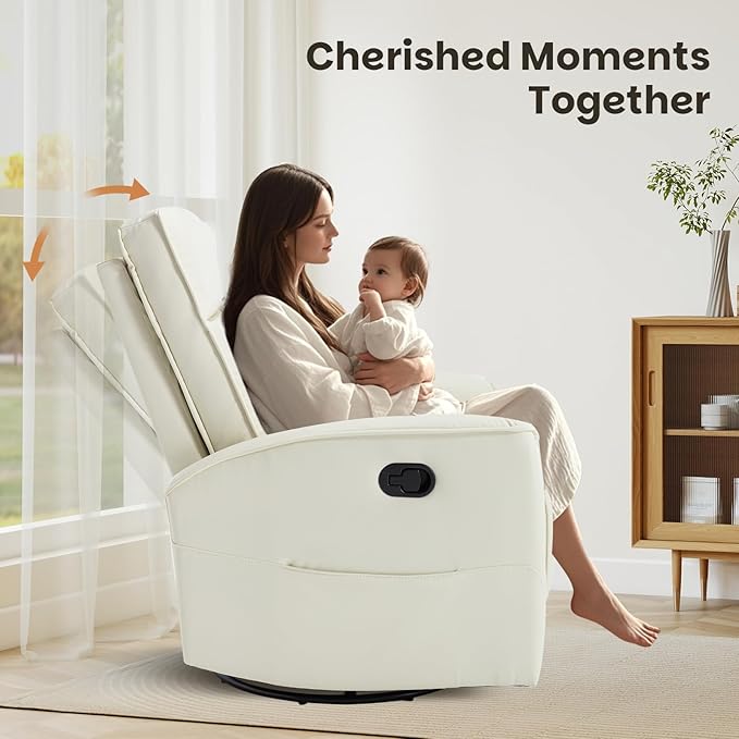 CANMOV Rocker Recliner Chair,360°Swivel Nursery Glider Recliner,Manual Recliner Sofa with Padded Armrest and Backrest,Leather Recliner for Small Spaces,Living Room,Bedroom (White)