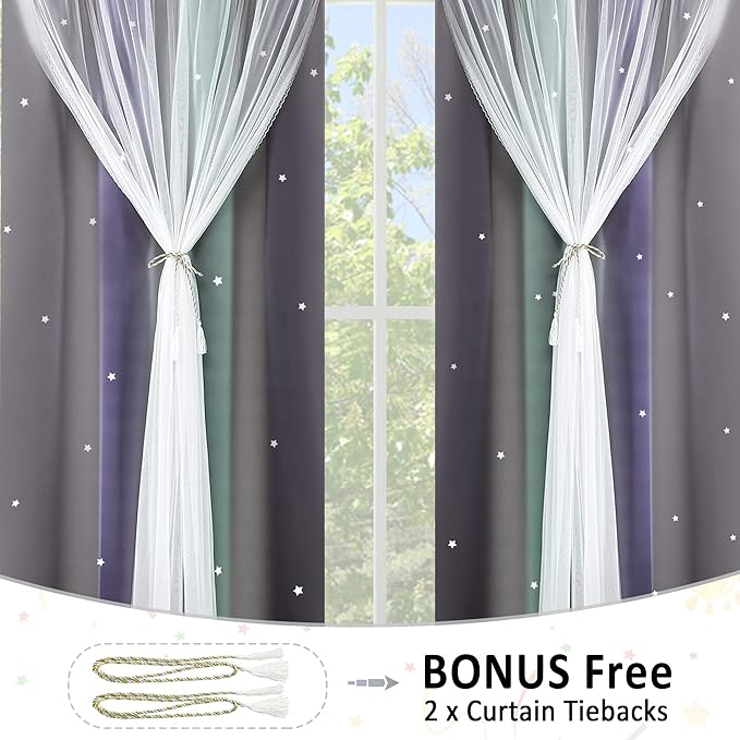 Kinryb Nursery/Kids/Girls Room Star Cut Out Blackout Rainbow Curtain with Sheer Overlay 2 Panels, Each 52 inch Wide,45 inch Length with White Gauze,Ombre Stripe Rainbow Curtains (2 Panels,52x45 Inch)
