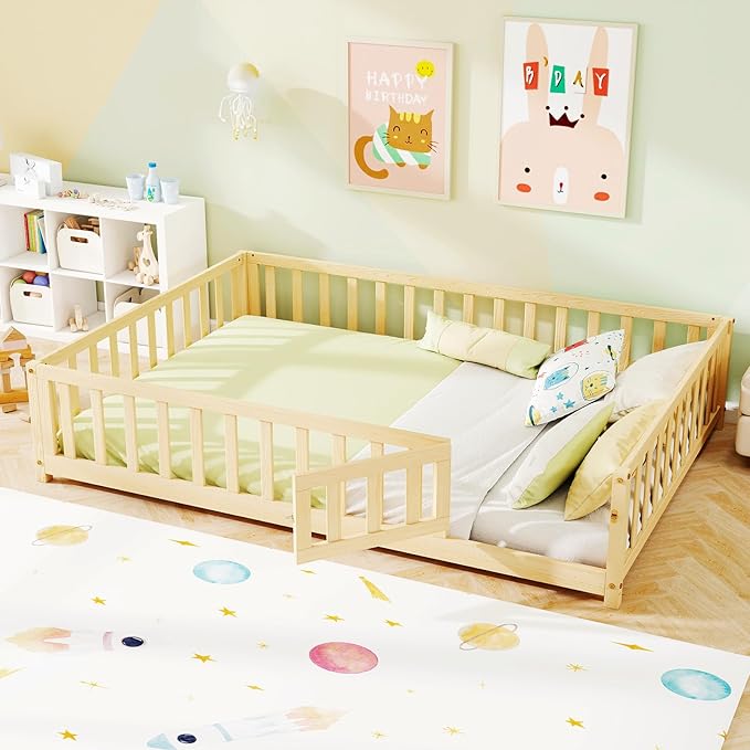 KOMFOTT Full Size Wood Floor Bed with Door & Fence, Montessori Bed Frame with Full Length Safety Guardrails, Slats Support, Door & Latch, Wooden Montessori Floor Bed, No Box Spring Needed
