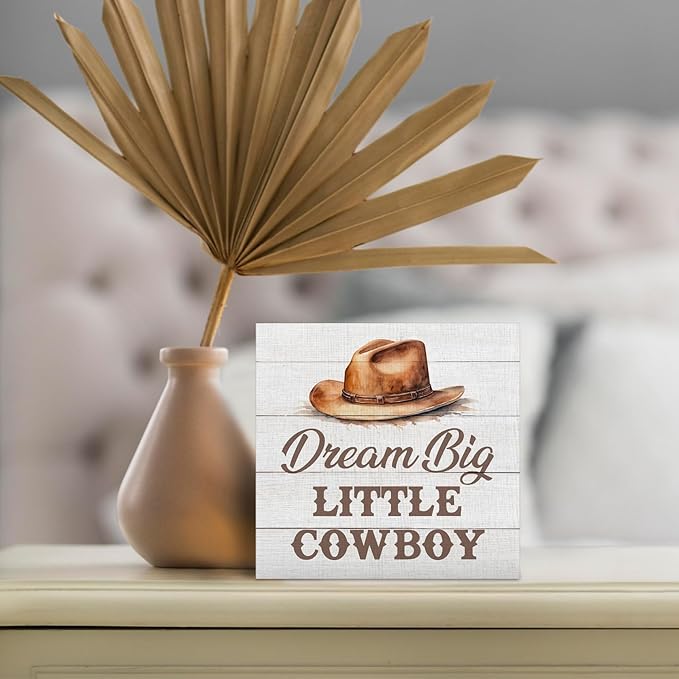 Western Cowboy Wood Box Sign, Dream Big Little Cowboy, Brown Wooden Block Plaque Box Sign, 5x5 Inches, Tabletop Decor