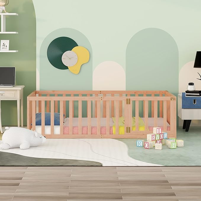 Merax Twin Floor Bed with Safety Guardrails and Door, Wood Montessori Floor Bed Frame for Kids, Twin Playhouse Bed Frame for Baby Girls and Boys, Natural