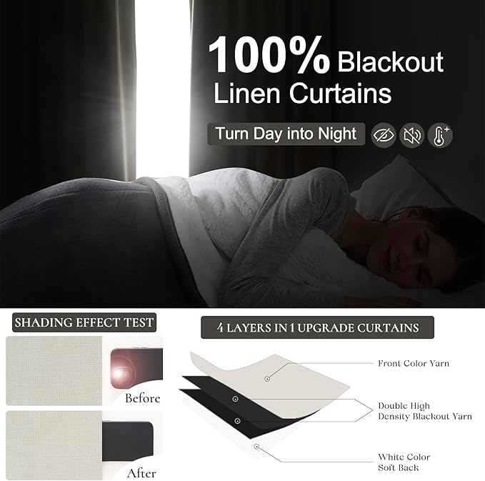 102 Inch Long Curtains, Decorative 100 Percent Rod Pocket Blackout Curtains Back Tab for Bedroom/Dorm/Nursery Heat Blocking Thick Linen Drapes with White Backing&Hooks&Rings 100 Inch Wide