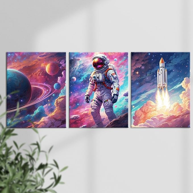 Outer Space Art Wall Decor Astronaut Spaceman Planets Spaceship Canvas Prints Posters Framed Artwork Space Room Boys Bedroom Playroom Nursery Home Space Decorations, 3 Panels