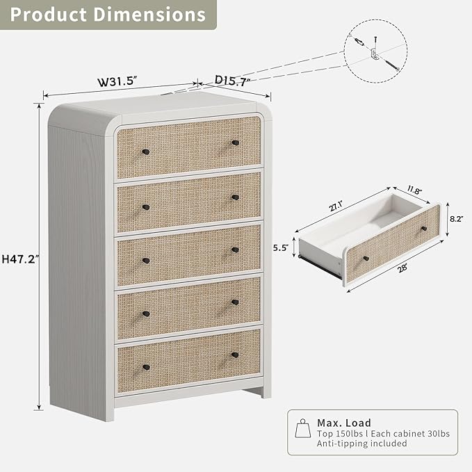 Oak&Sparrow 5 Drawer Tall Dresser for Bedroom, 47'' Rattan Dresser with Ample Storage, Boho Chest of Drawers, Thickened Curved Profile Design, Oak Dressers for Bedroom, Living Room