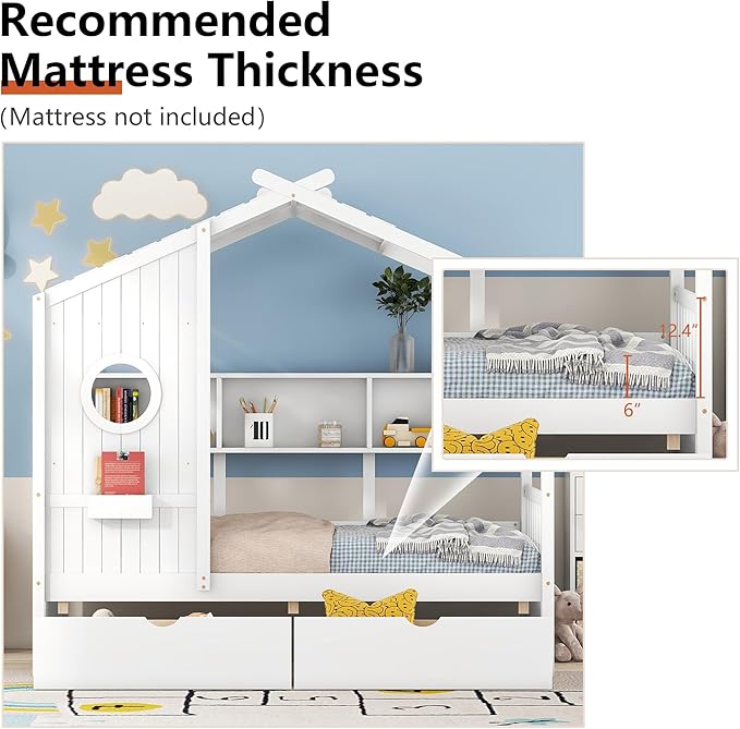Twin Bed Frames for Kids, House Bed with Window and Fence, Wood Platform Bed Frame with Drawers and Shelves, Playhouse Bed for Boys Girls, White, 78" L x 42.7" W x 72" H