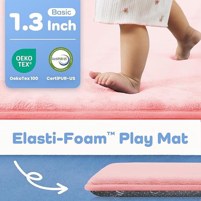1.3" Thick Baby Floor Play Mat 79x118, Basic Padded Foam Mat for Tummy Time Gym Crawling, Non Slip Cushioned for Babies Toddlers Infants Kids (Pink)