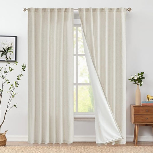 jinchan Linen Blend Curtains for Living Room 84 Inches Length 2 Panels Natural Window Treatment for Sliding Glass Doors, Farmhouse 50 Inches Wide Drapes Rod Pocket Back Tab (50W x 84L, Ecru)