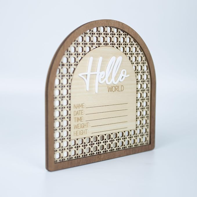 Baby Announcement Sign 6.5 Inch Wooden Hello World Newborn Welcome Sign Birth Name Plaques for Photo Props Shower Hospital Nursery (Rattan)