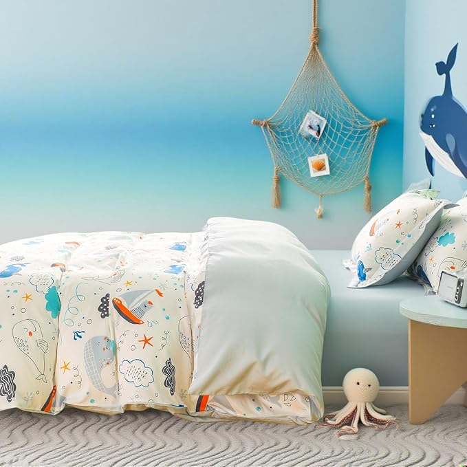 Simple&Opulence 100% Organic Cotton Duvet Cover for Kids Teens, 4 Pieces Soft Comforter Cover with Zipper Closure Cool Boy Girl Sea Sailboat Ocean Bedding Set - Whale, Full/Queen