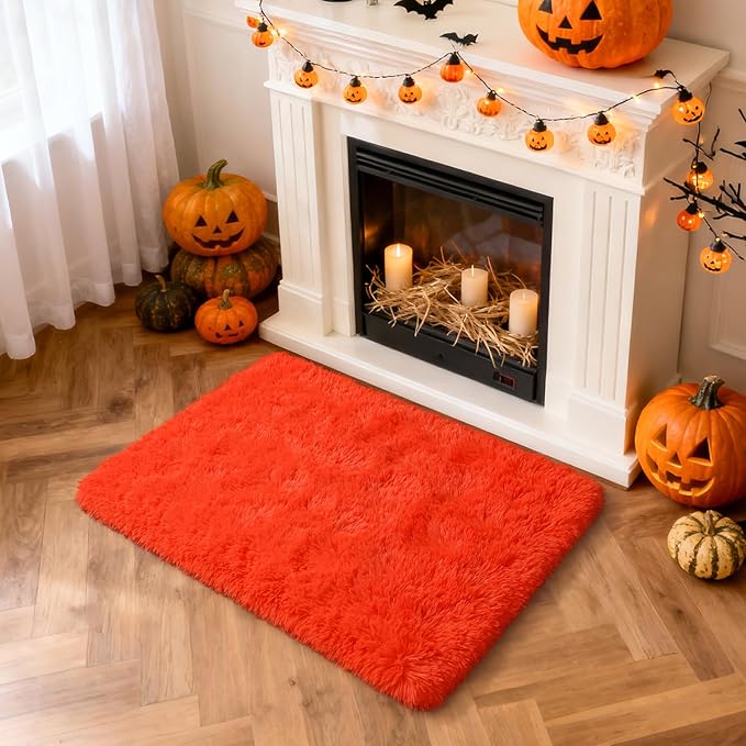 Merelax Fluffy Rug Shaggy Area Rug, Orange Red 2x3 Small Rugs for Fireplace Holiday Dearations, Mini Fuzzy Plush Kids Bedside Rug, Soft Non-Slip Entryway Throw Rugs Shag Catpet for Living Room