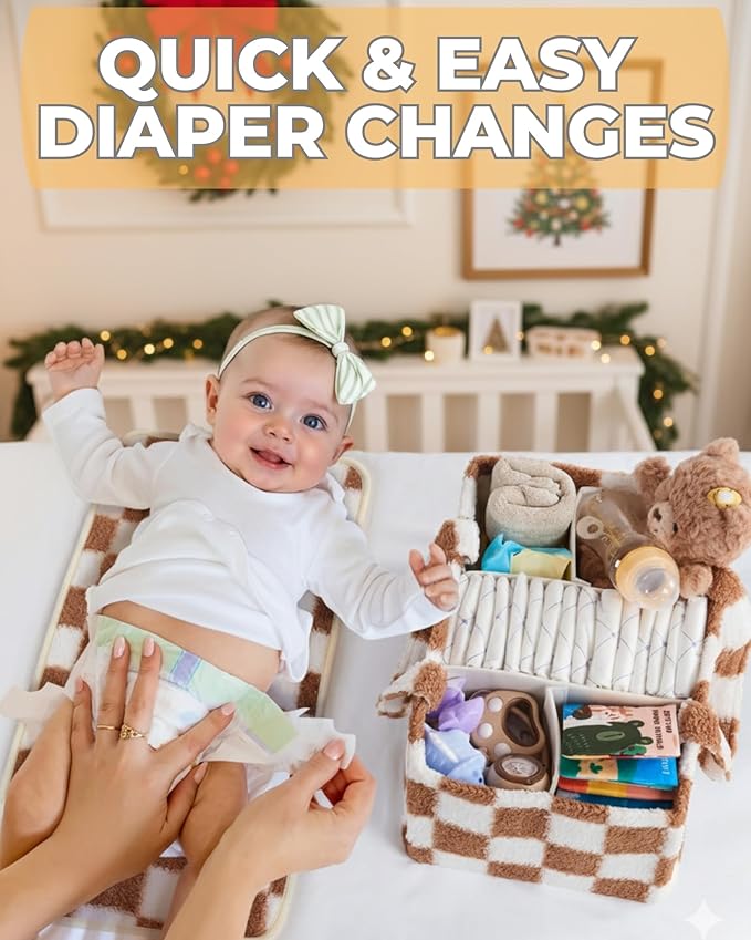 Checkered Diaper Caddy Organizer with Portable Changing Mat - Teddy Fleece Diaper Organizer for Changing Table - Caddy Organizer with Removable Dividers - Light Taupe and White