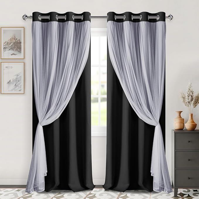 DWCN Black Layered Curtains for Living Room Blackout and Sheer Curtains Grommet Top Window Panels with Sheer Overlay for Bedroom, 52 W by 96 L, 2 Pieces