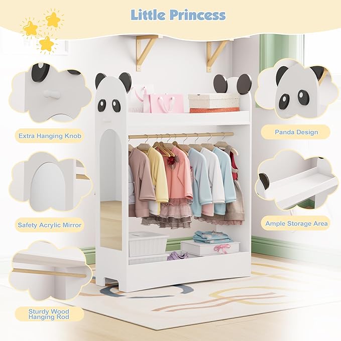 Kids Dress Up Storage Rack Mirror Wood Child Wardrobe 2 Hooks 2 Fabric Bins Toddler Closet Girls Boys Open Hanging Armoire Storage Shelf Coat Costume Hat Shoe (White)