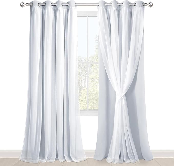 Hiasan Double Layer Blackout Curtains with Sheer Overlay, Extra Long Mix & Match Thermal Insulated Grommet Window Curtains for Bedroom, Living Room, 2 Panels with Tiebacks, Greyish White, 52W X 108L