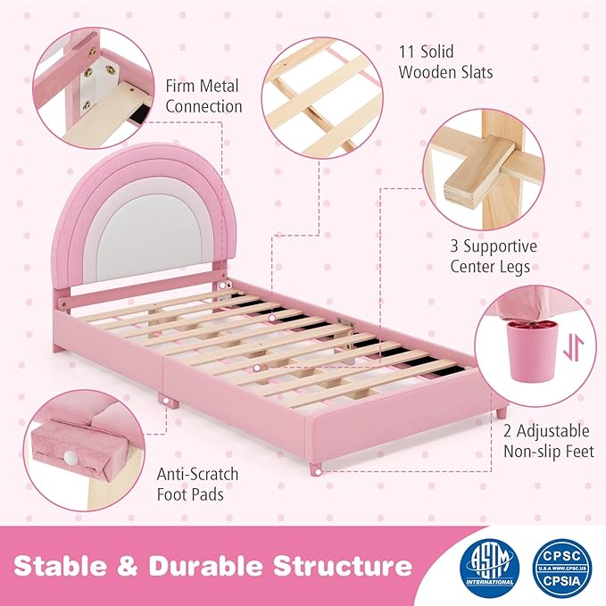 Costzon Twin Bed Frames with Adjustable Headboard, 660 LBS Weight Capacity Upholstered Wooden Kids Bed w/Slats Support, No Box Spring Needed, Easy Assembly, Twin Platform Bed Frame (Pink Rainbow)