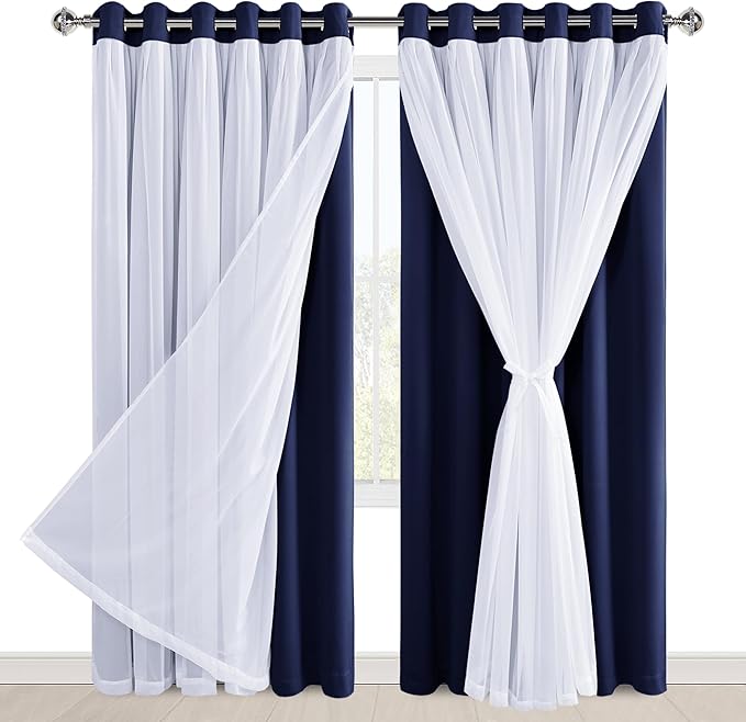 Hiasan Blackout Curtains with Sheer Overlay 84 Inches Long, Thermal Insulated Double Layer Window Curtains for Bedroom, Living Room, Nursery, 2 Panels Sewn with Tiebacks, Navy Blue, 70W X 84L