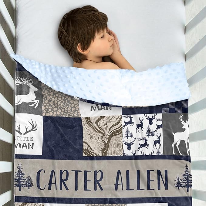 Personalized Baby Blankets for Boys Girls, Custom Name Navy Deer Baby Blanket, Soft Receiving Blanket for Newborns and Toddlers, Ideal for Baby Showers and Nursery Decor