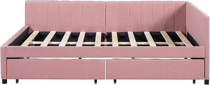 Harper & Bright Designs Full Size Upholstered Daybed with 2 Storage Drawers Sofa Bed Frame for Boys Girls Kids Adults Toddler No Box Spring Needed, Linen Fabric (Pink)