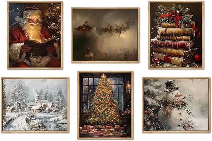 Vintage Christmas Santa Poster Set of 6, Santa Claus Pictures Wall Art Christmas Tree Wall Decor Painting Rustic Holiday Canvas Print Artwork for Living Room Farmhouse 8x10 inch Unframed