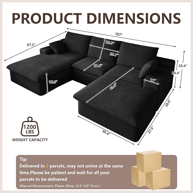 107" Cloud Modular Sectional Sofa with 1 Ottoman, Modern Upholstered Corduroy Couches, Comfort U Shaped Sofa for Living Room, Deep Seat Boneless Couch, No Assembly Required(Black,Left Facing Chaise)