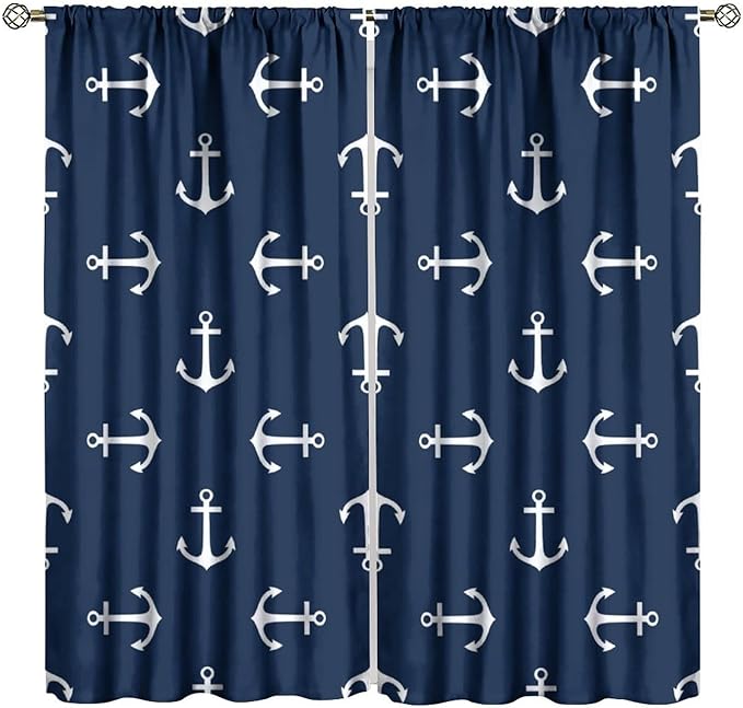 Nautical Curtains,MarineThemed Oceanic Anchor Pattern Blackout Print Home Bedroom Living Room Window Treatments 2 Panel Set 72x63 Inch