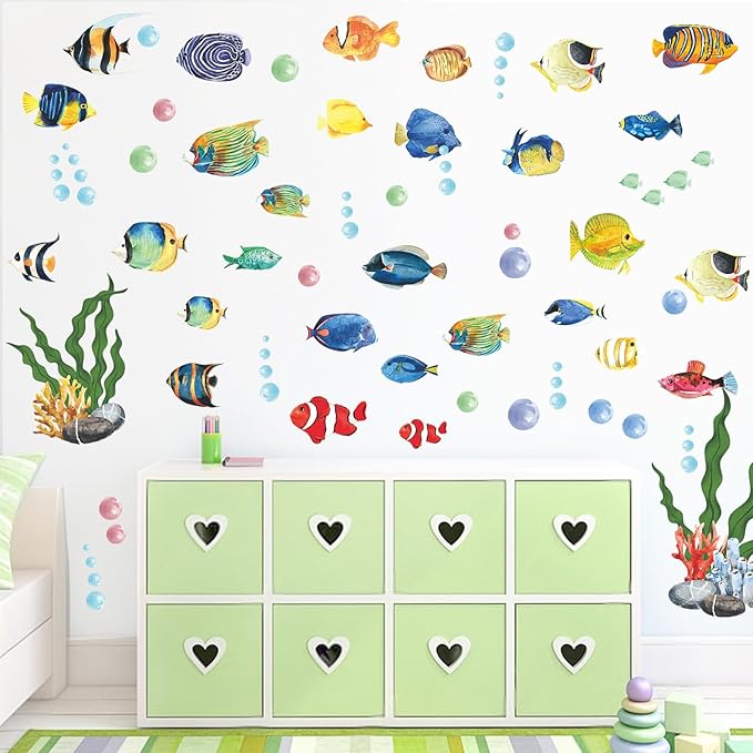 60 Pieces Under The Sea Wall Decals, Ocean Fish Large Coral Reef Seaweed Removable Stickers for Kids Baby Boys Bedroom Nursery Living Room Toddler, Peel and Stick Underwater Sea Stickers